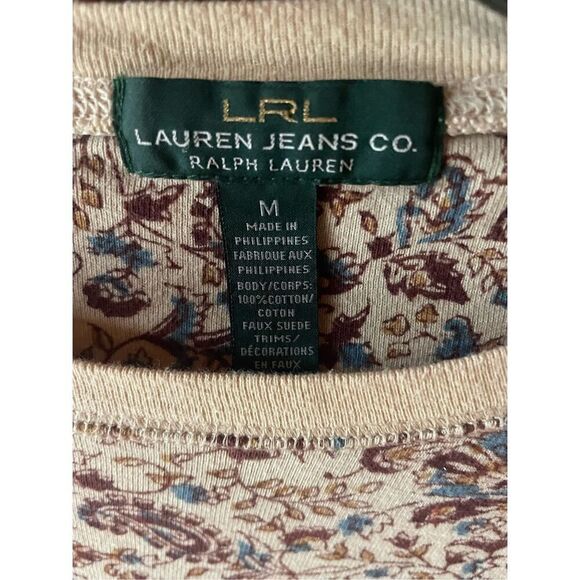 LRL Faux Leather Elbow Patch T-Shirt Paisley Cream M - Picture 2 of 4